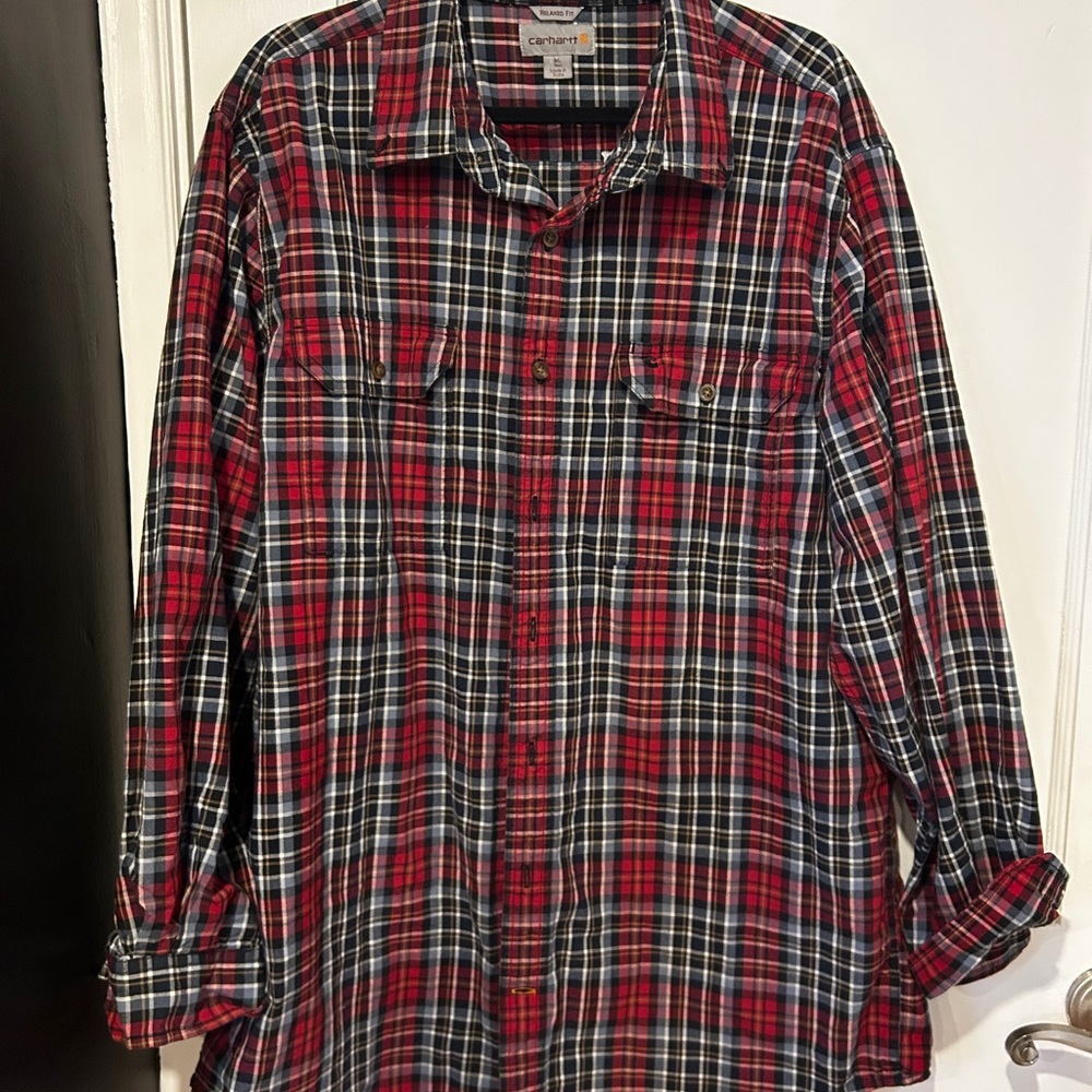 Carhartt Men's Red and Black Plaid Button Down Shirt